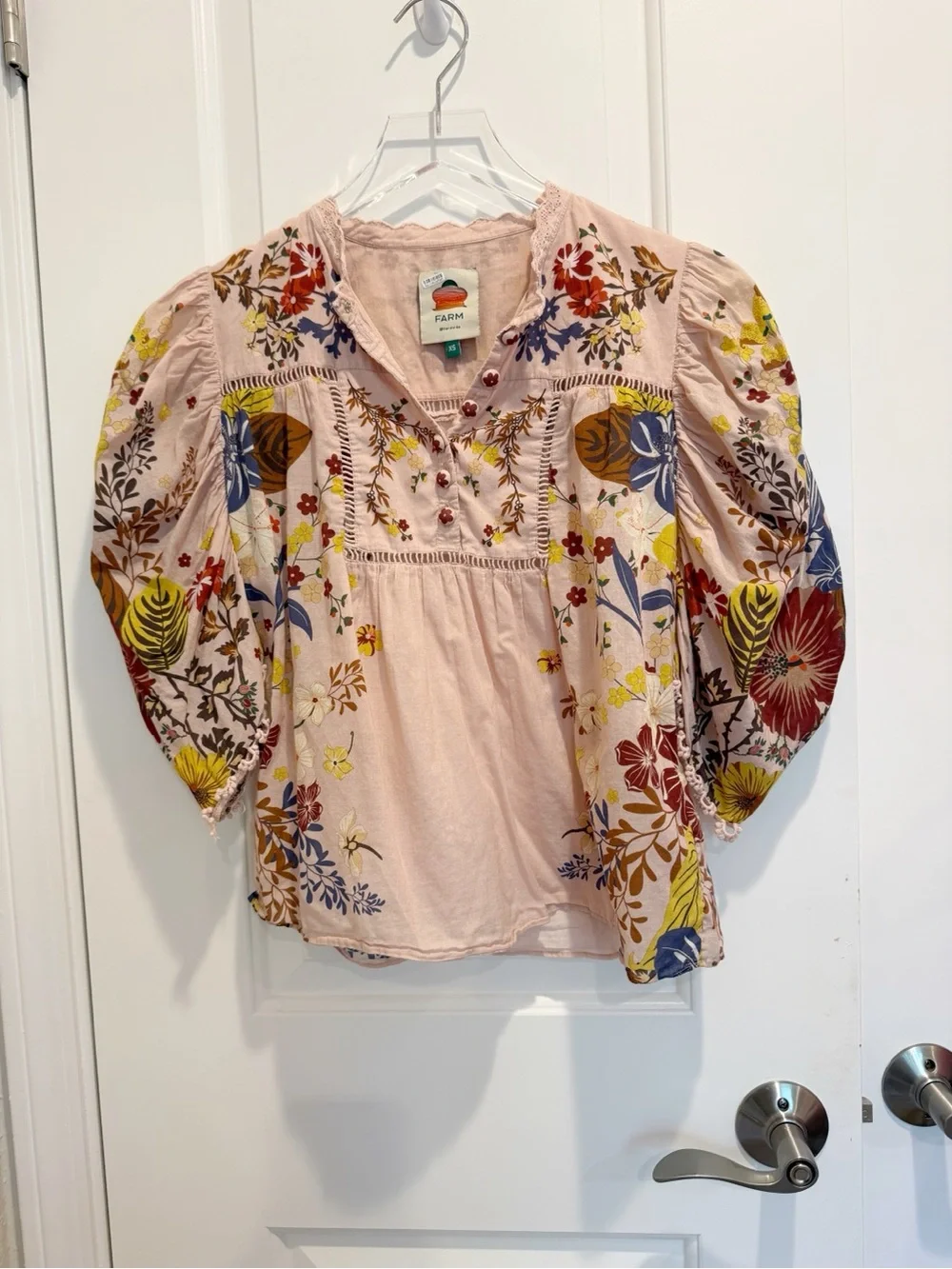 FARM RIO Beauty Bouquet Cotton Puff Sleeve Top Pink Floral Pattern size XS
